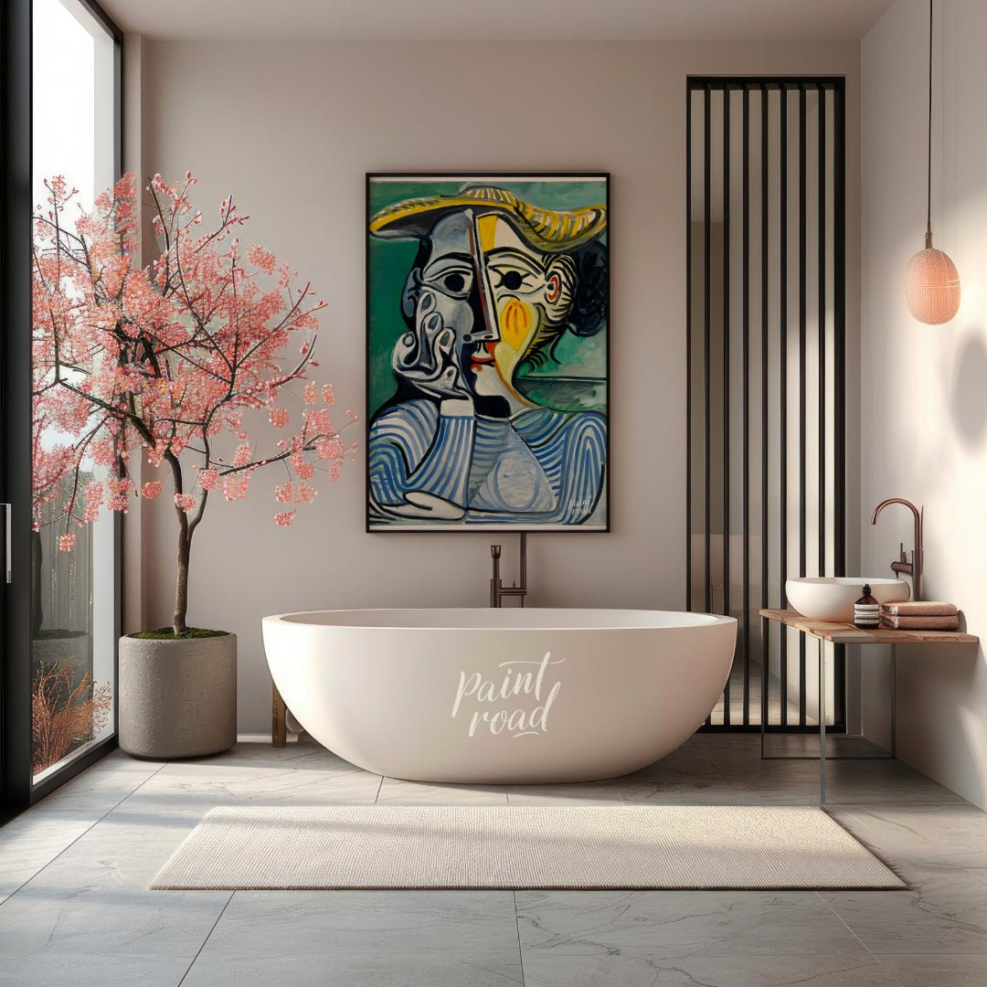 This vibrant art print looks inspired from Pablo Picasso's iconic "Femme au béret et à la robe quad… for bathroom