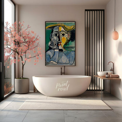 This vibrant art print looks inspired from Pablo Picasso's iconic "Femme au béret et à la robe quad… for bathroom