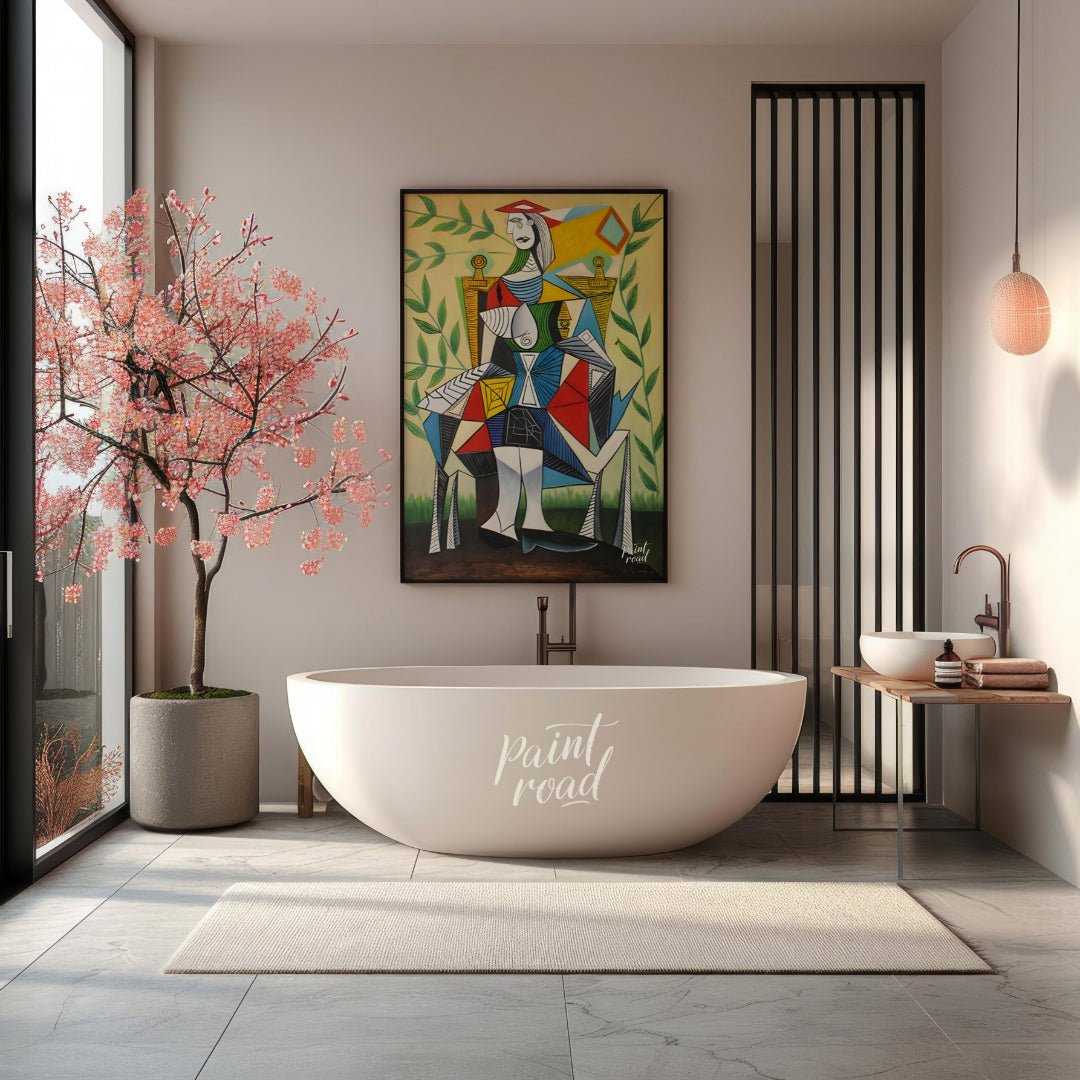 This vibrant Cubist portrait by Pablo Picasso depicts a seated woman in a garden setting, rendered … for bathroom