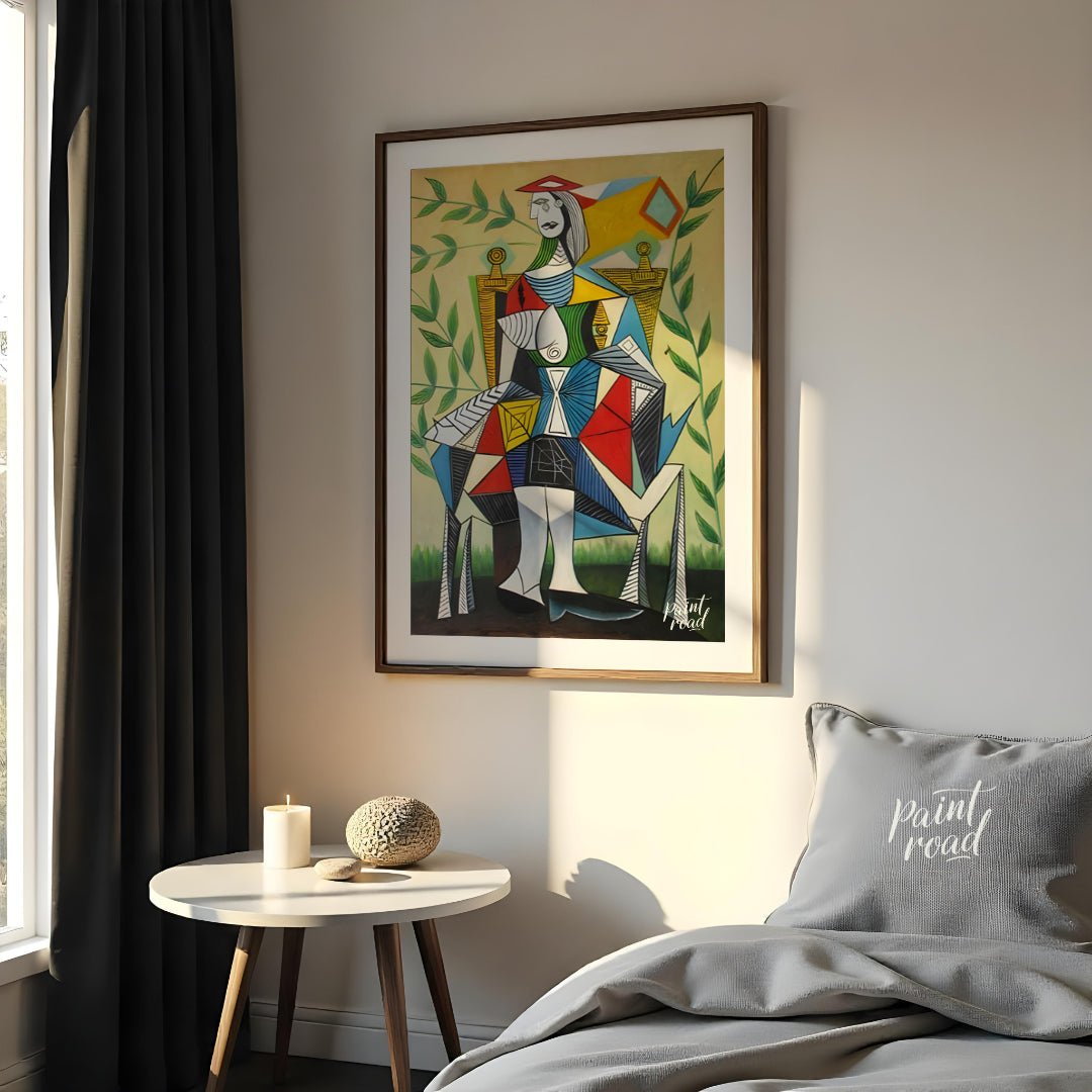 This vibrant Cubist portrait by Pablo Picasso depicts a seated woman in a garden setting, rendered … for bedroom