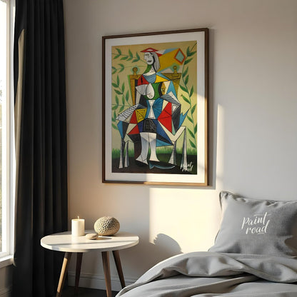 This vibrant Cubist portrait by Pablo Picasso depicts a seated woman in a garden setting, rendered … for bedroom