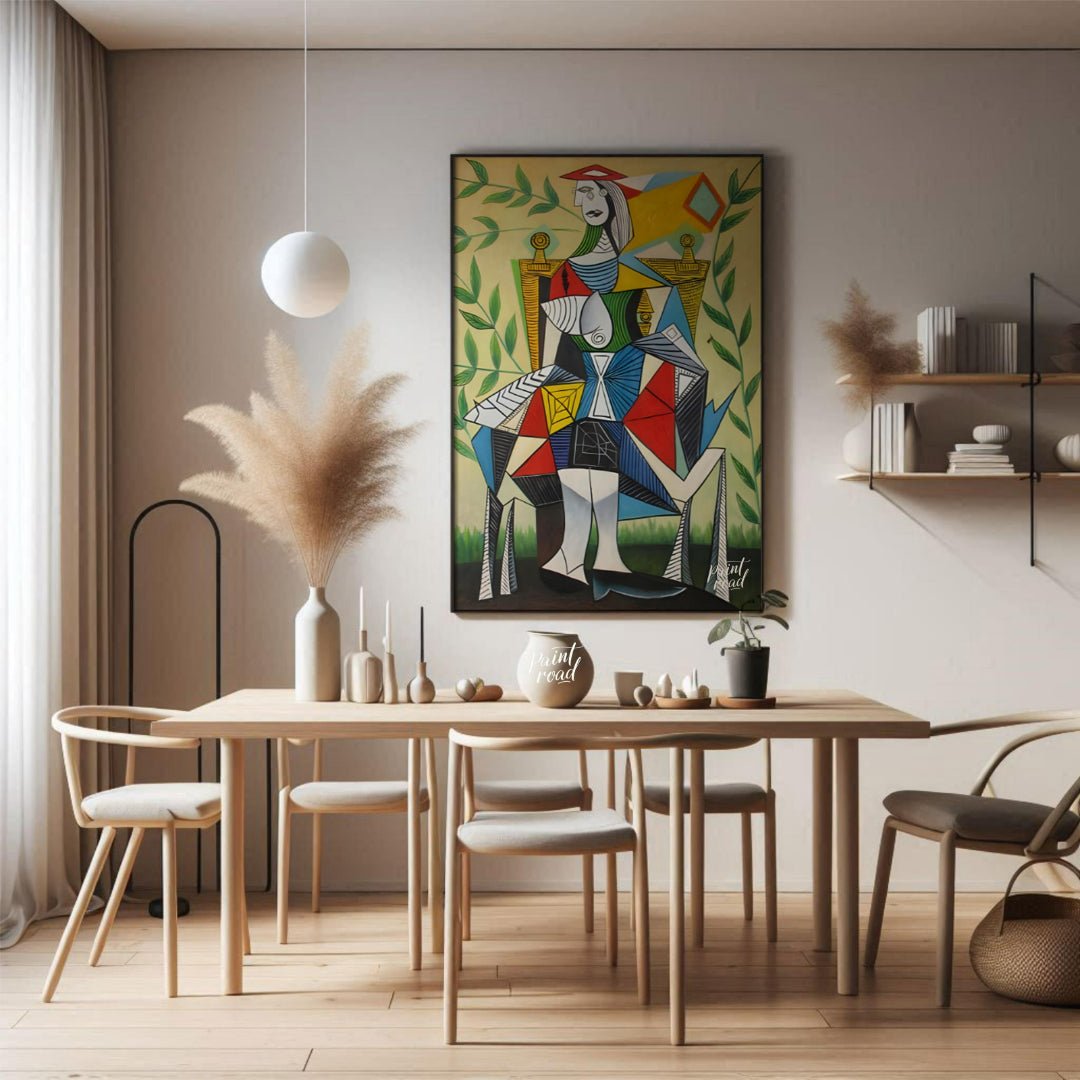 This vibrant Cubist portrait by Pablo Picasso depicts a seated woman in a garden setting, rendered … for dining room
