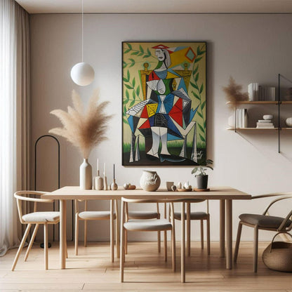 This vibrant Cubist portrait by Pablo Picasso depicts a seated woman in a garden setting, rendered … for dining room
