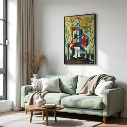This vibrant Cubist portrait by Pablo Picasso depicts a seated woman in a garden setting, rendered … for living room