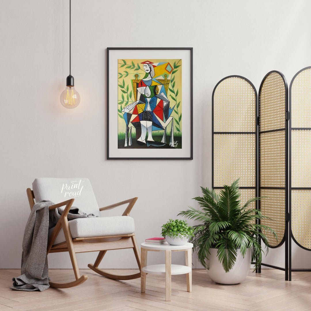 This vibrant Cubist portrait by Pablo Picasso depicts a seated woman in a garden setting, rendered … for living room