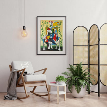 This vibrant Cubist portrait by Pablo Picasso depicts a seated woman in a garden setting, rendered … for living room