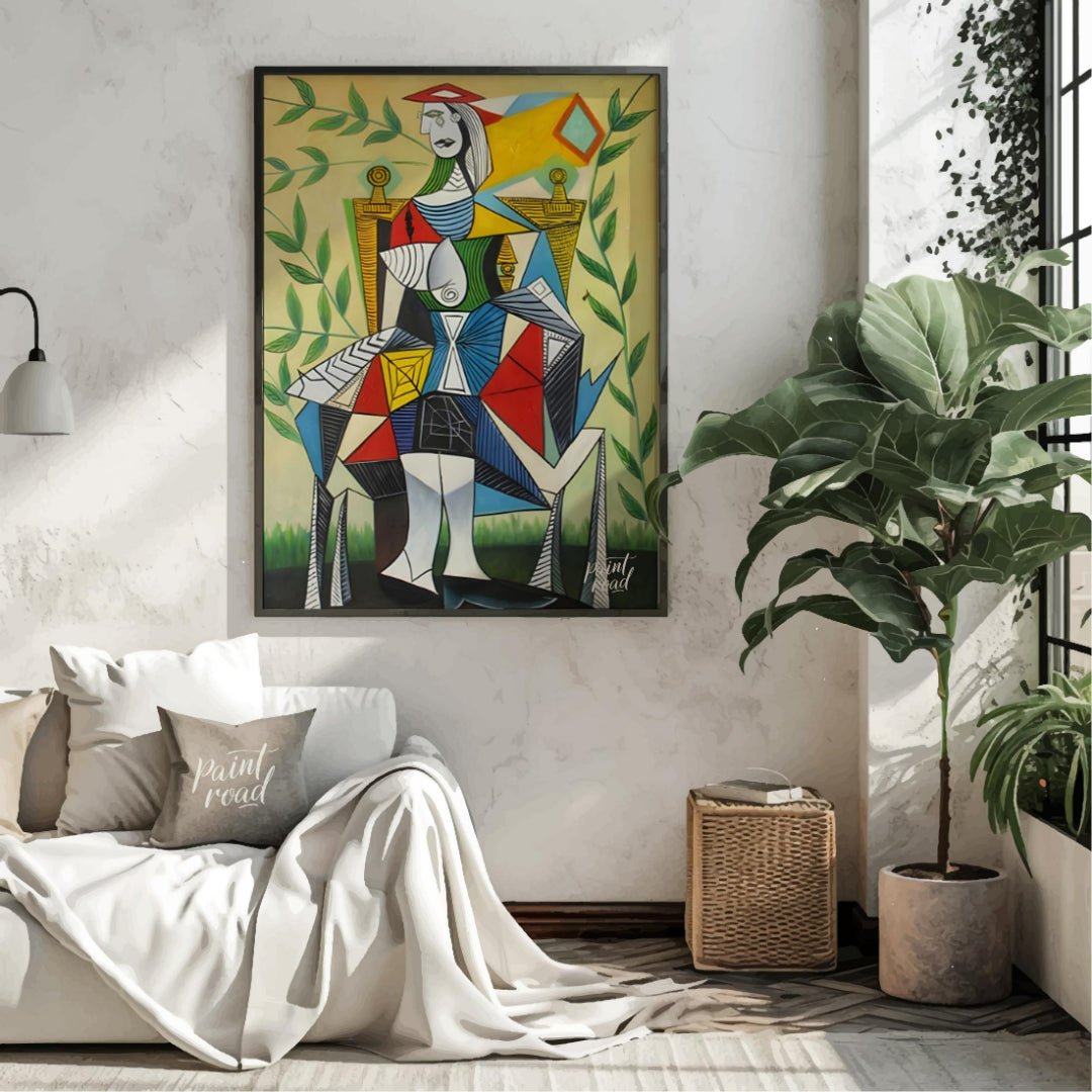 This vibrant Cubist portrait by Pablo Picasso depicts a seated woman in a garden setting, rendered … for living room