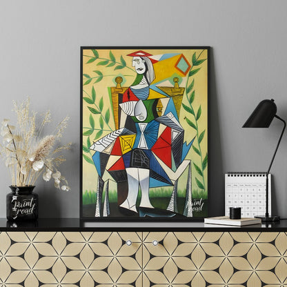 This vibrant Cubist portrait by Pablo Picasso depicts a seated woman in a garden setting, rendered … for office