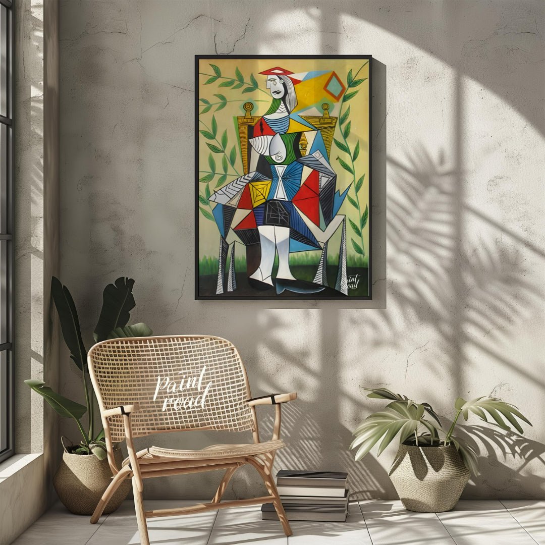 This vibrant Cubist portrait by Pablo Picasso depicts a seated woman in a garden setting, rendered … for other