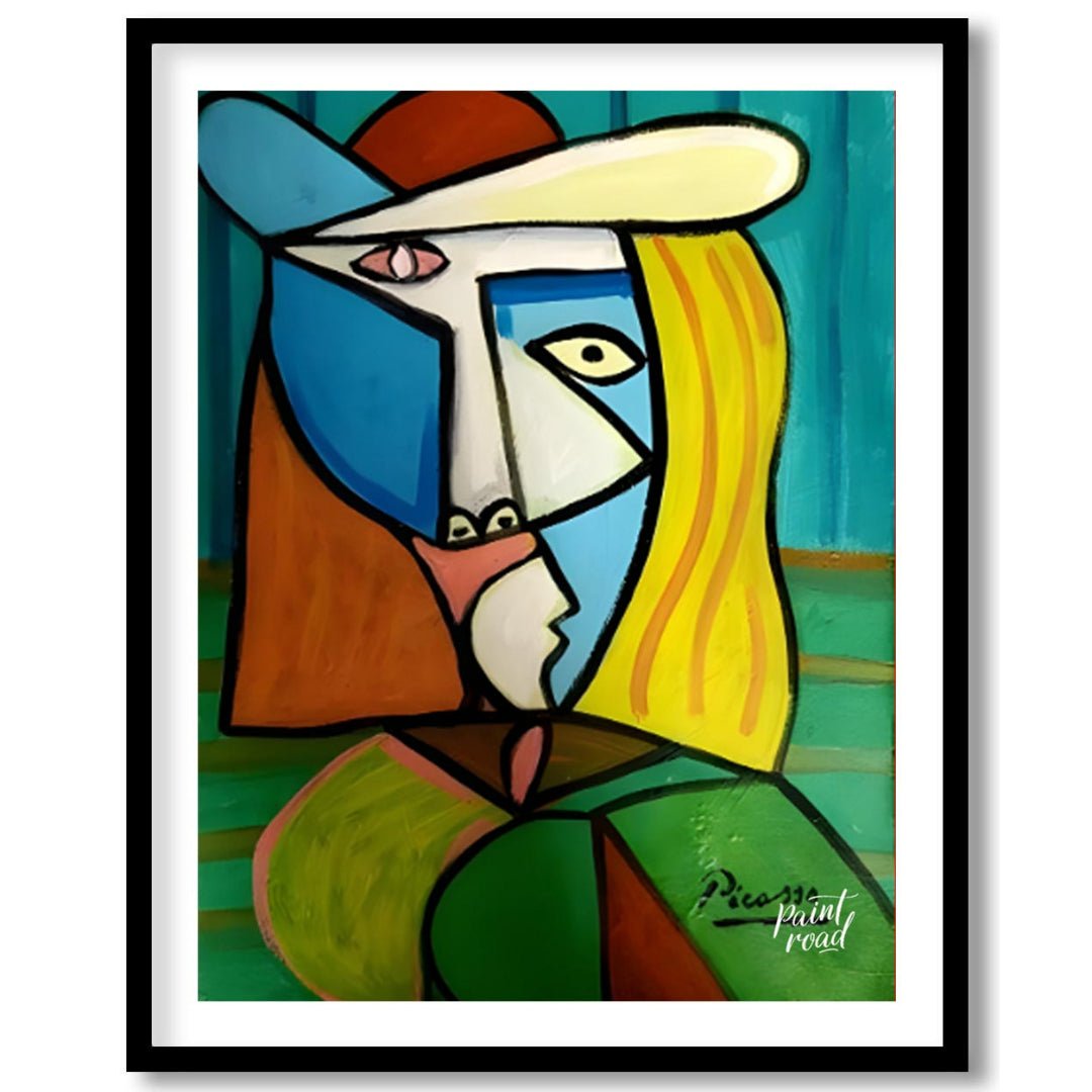 This vibrant and commanding painting by Pablo Picasso features a woman in a distinctive hat, render… for area