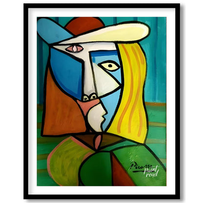 This vibrant and commanding painting by Pablo Picasso features a woman in a distinctive hat, render… for area