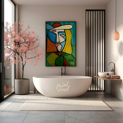 This vibrant and commanding painting by Pablo Picasso features a woman in a distinctive hat, render… for bathroom