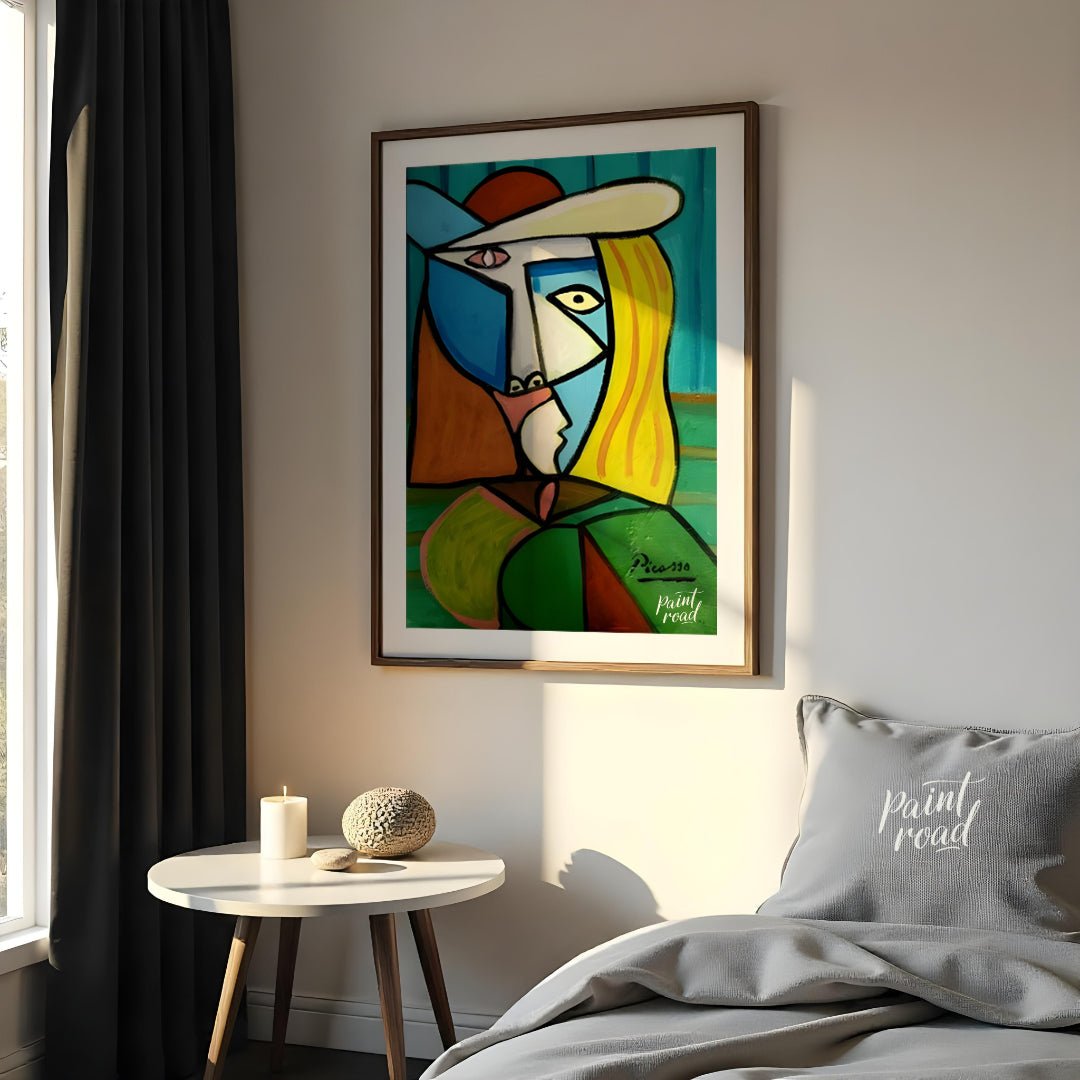 This vibrant and commanding painting by Pablo Picasso features a woman in a distinctive hat, render… for bedroom