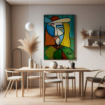 This vibrant and commanding painting by Pablo Picasso features a woman in a distinctive hat, render… for dining room