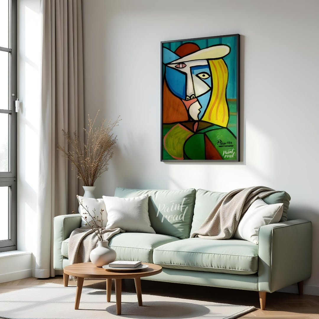 This vibrant and commanding painting by Pablo Picasso features a woman in a distinctive hat, render… for living room