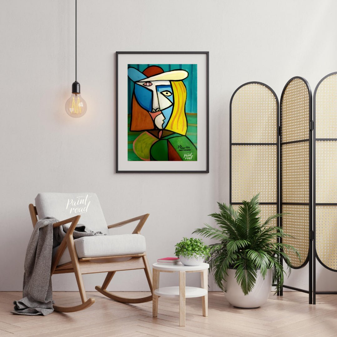 This vibrant and commanding painting by Pablo Picasso features a woman in a distinctive hat, render… for living room
