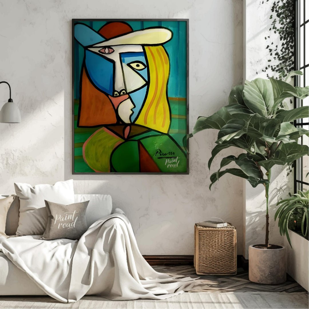 This vibrant and commanding painting by Pablo Picasso features a woman in a distinctive hat, render… for living room