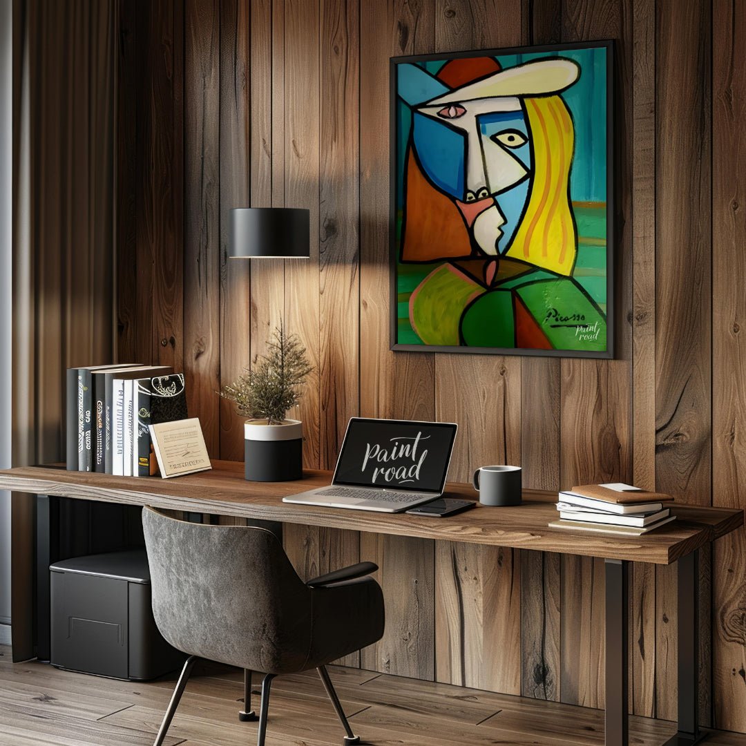 This vibrant and commanding painting by Pablo Picasso features a woman in a distinctive hat, render… for office