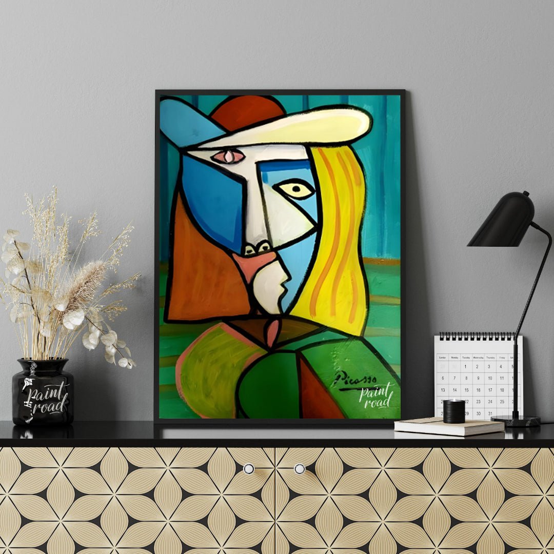 This vibrant and commanding painting by Pablo Picasso features a woman in a distinctive hat, render… for office