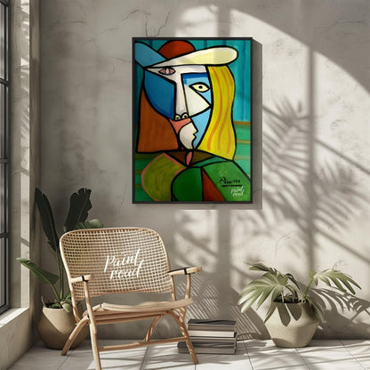 This vibrant and commanding painting by Pablo Picasso features a woman in a distinctive hat, render… for other