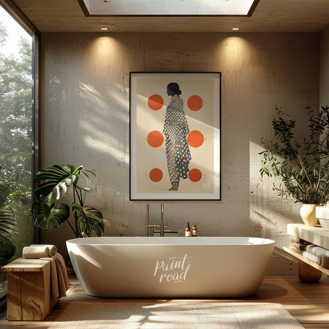 This striking and minimalist artwork features the profile of a woman in a stylized, flowing garment… for bathroom