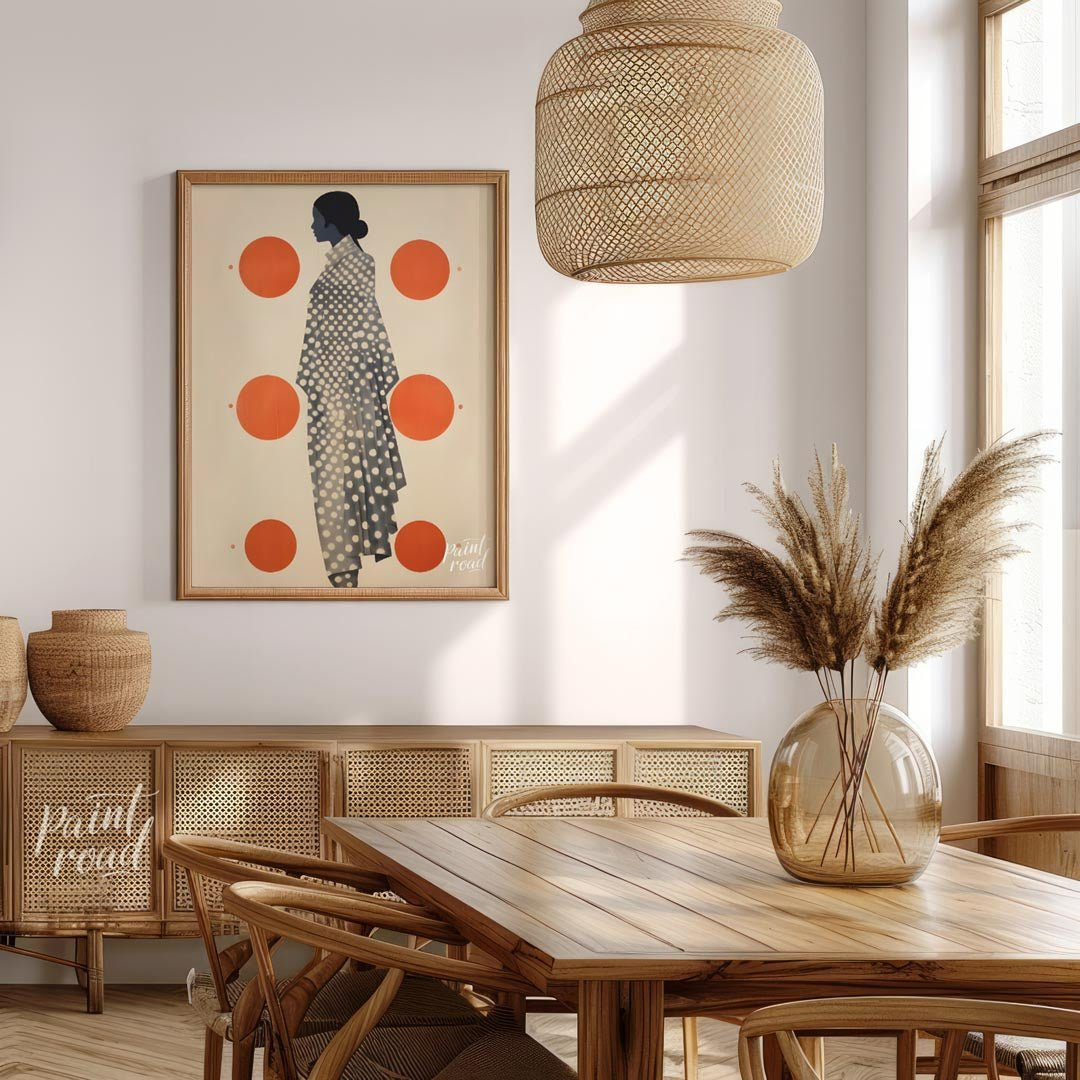This striking and minimalist artwork features the profile of a woman in a stylized, flowing garment… for dining room