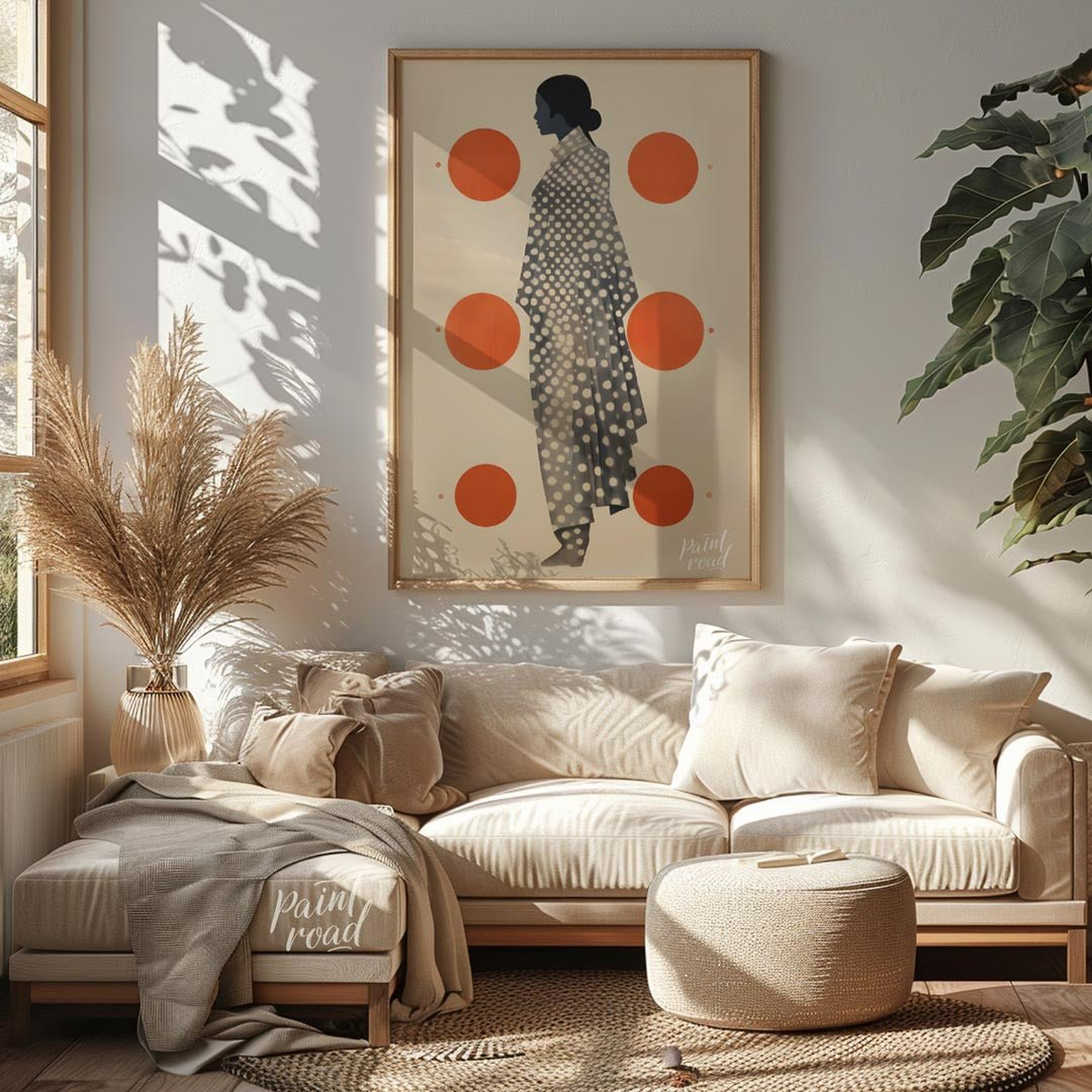 This striking and minimalist artwork features the profile of a woman in a stylized, flowing garment… for living room