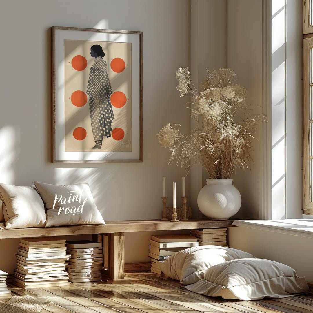 This striking and minimalist artwork features the profile of a woman in a stylized, flowing garment… for living room