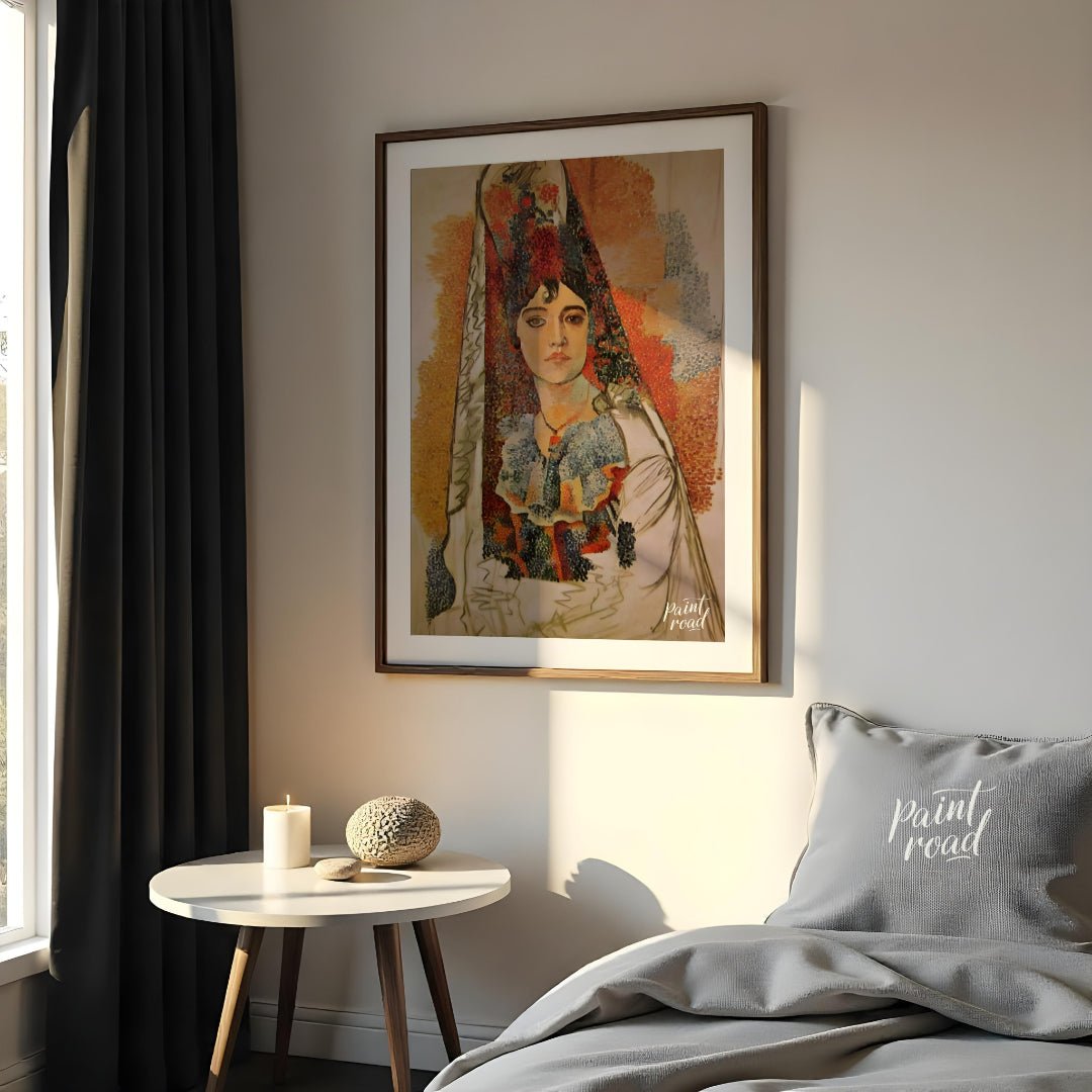 This captivating painting, attributed to Pablo Picasso, features a woman in what appears to be trad… for bedroom
