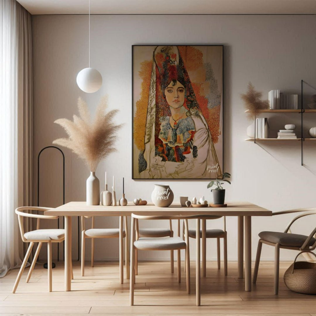This captivating painting, attributed to Pablo Picasso, features a woman in what appears to be trad… for dining room