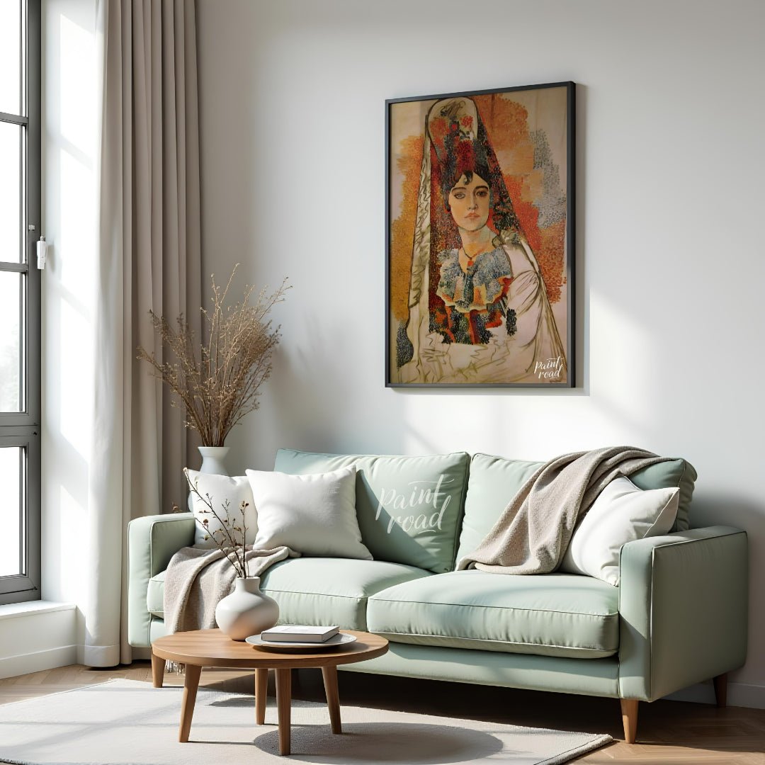 This captivating painting, attributed to Pablo Picasso, features a woman in what appears to be trad… for living room