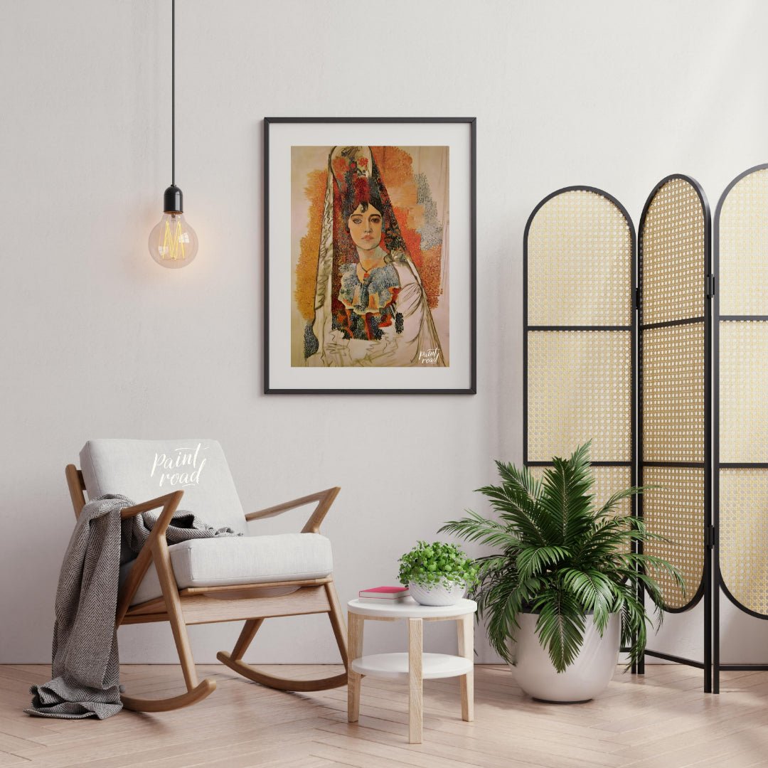This captivating painting, attributed to Pablo Picasso, features a woman in what appears to be trad… for living room