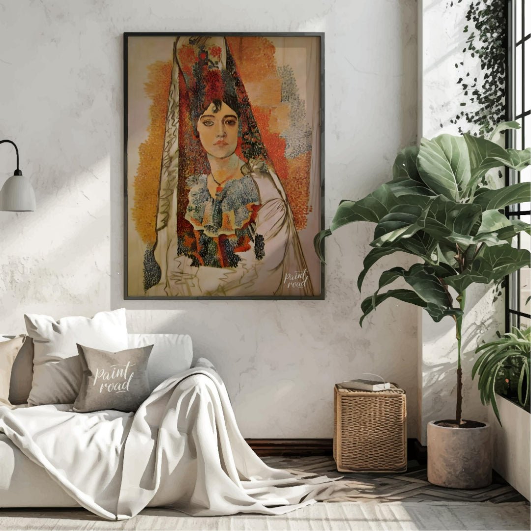 This captivating painting, attributed to Pablo Picasso, features a woman in what appears to be trad… for living room