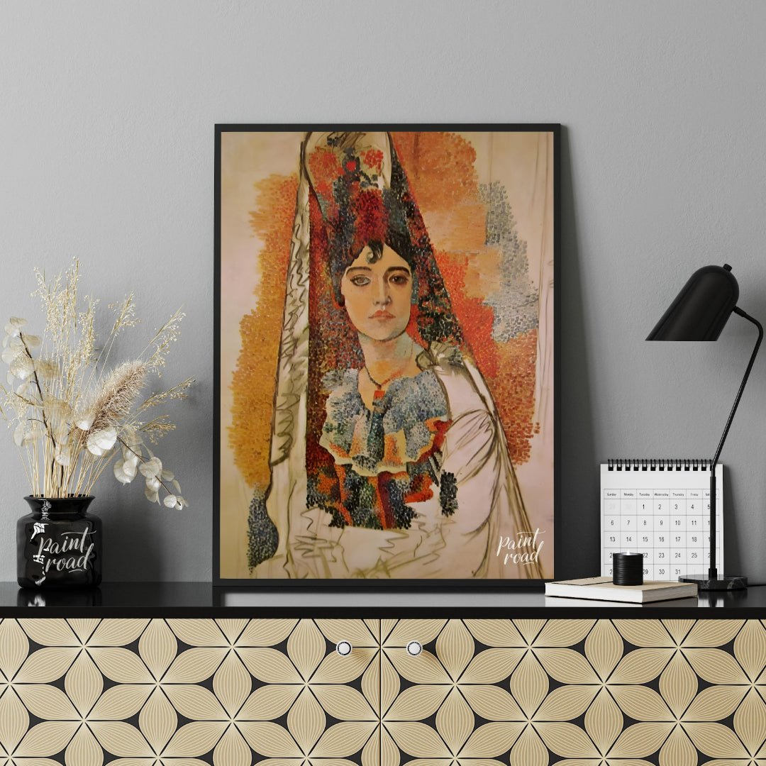 This captivating painting, attributed to Pablo Picasso, features a woman in what appears to be trad… for office