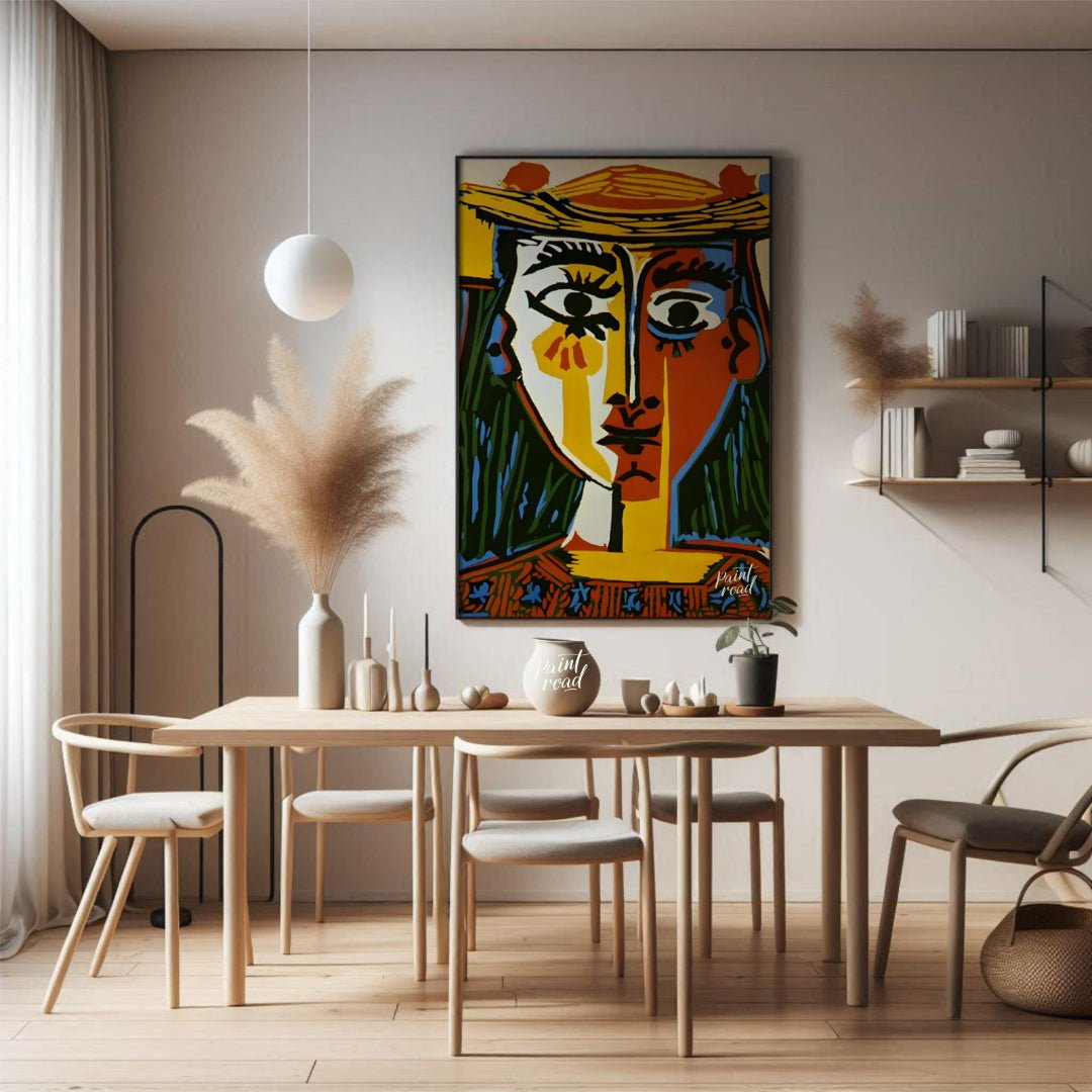 Pablo Picasso’s “Woman with a Hat” (Femme au Chapeau) is an iconic and vibrant example of his Cubis… for dining room