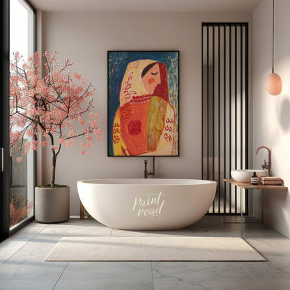 This vibrant artwork, “Woman” by Mikuláš Galanda, is a striking example of modern art with a folk a… for bathroom