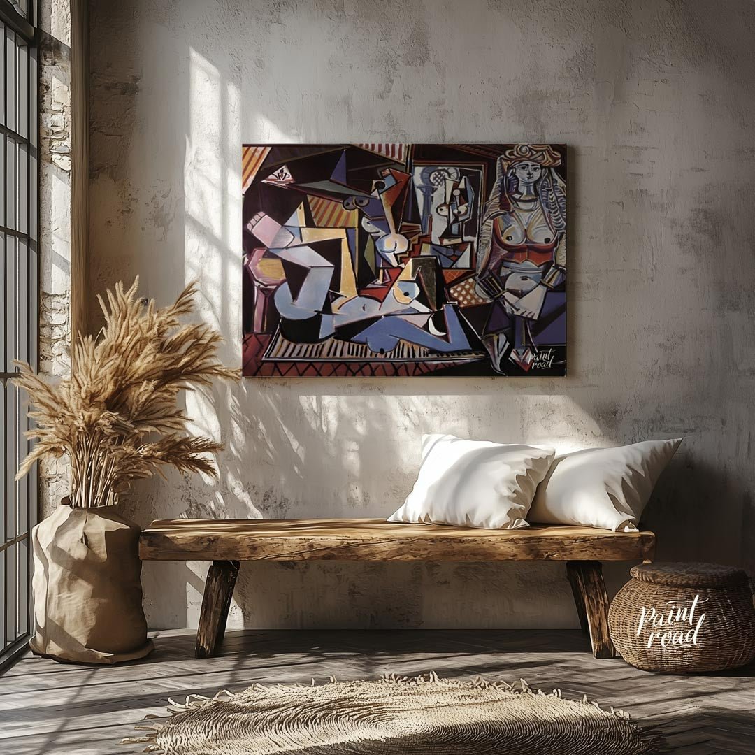 This vivid painting is identified as Pablo Picasso’s “Women of Algiers (Version O).” It features a … for entryway