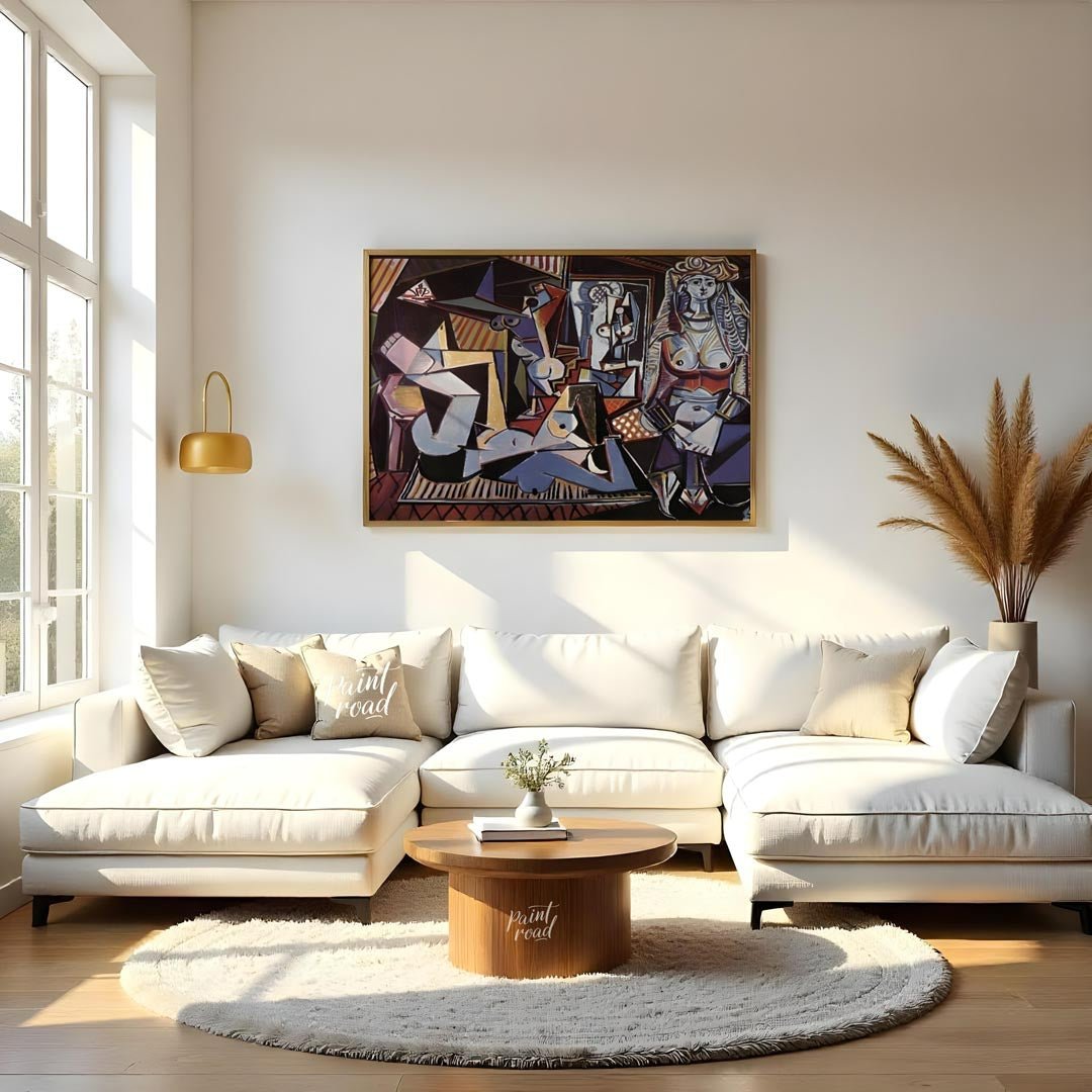 This vivid painting is identified as Pablo Picasso’s “Women of Algiers (Version O).” It features a … for living room