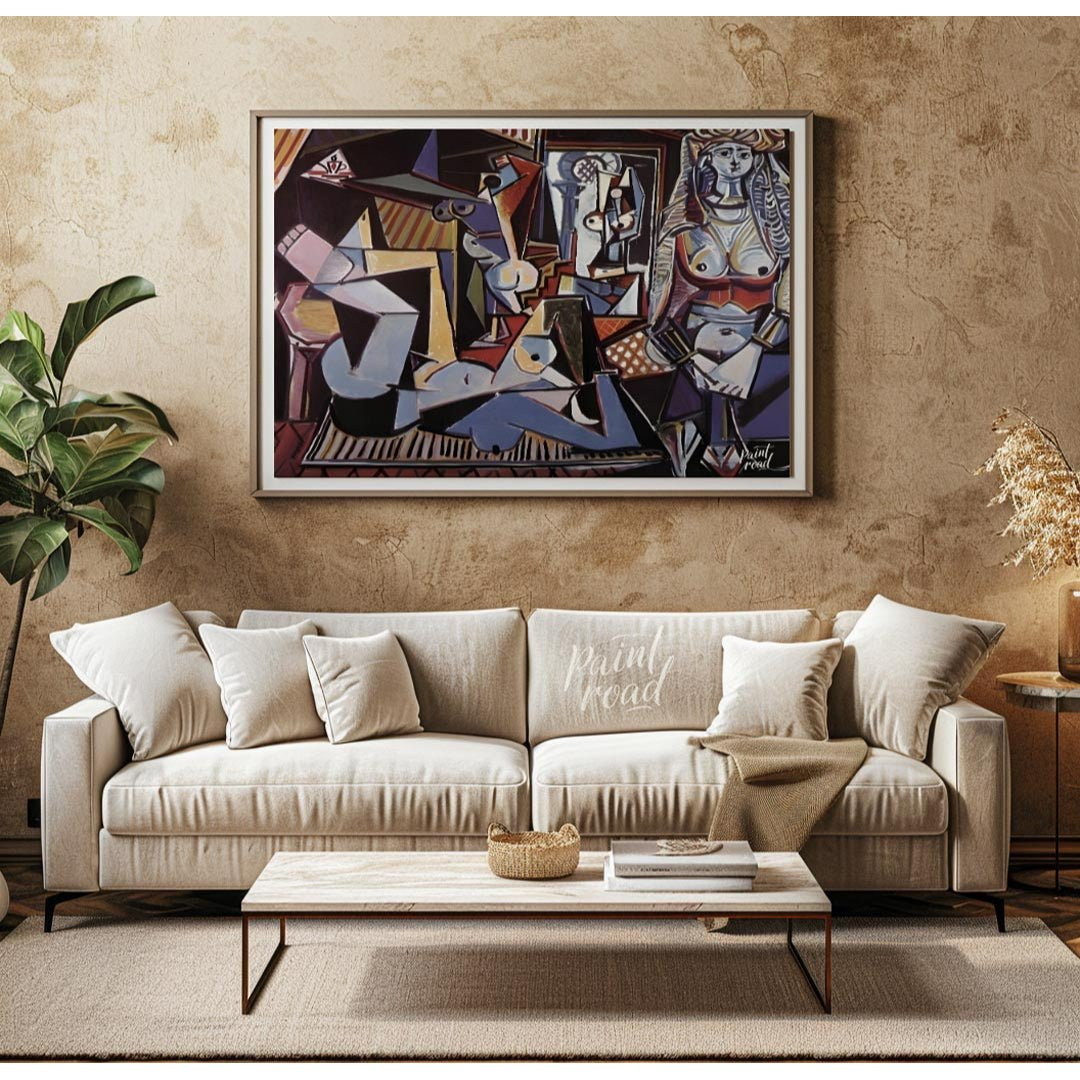 This vivid painting is identified as Pablo Picasso’s “Women of Algiers (Version O).” It features a … for living room