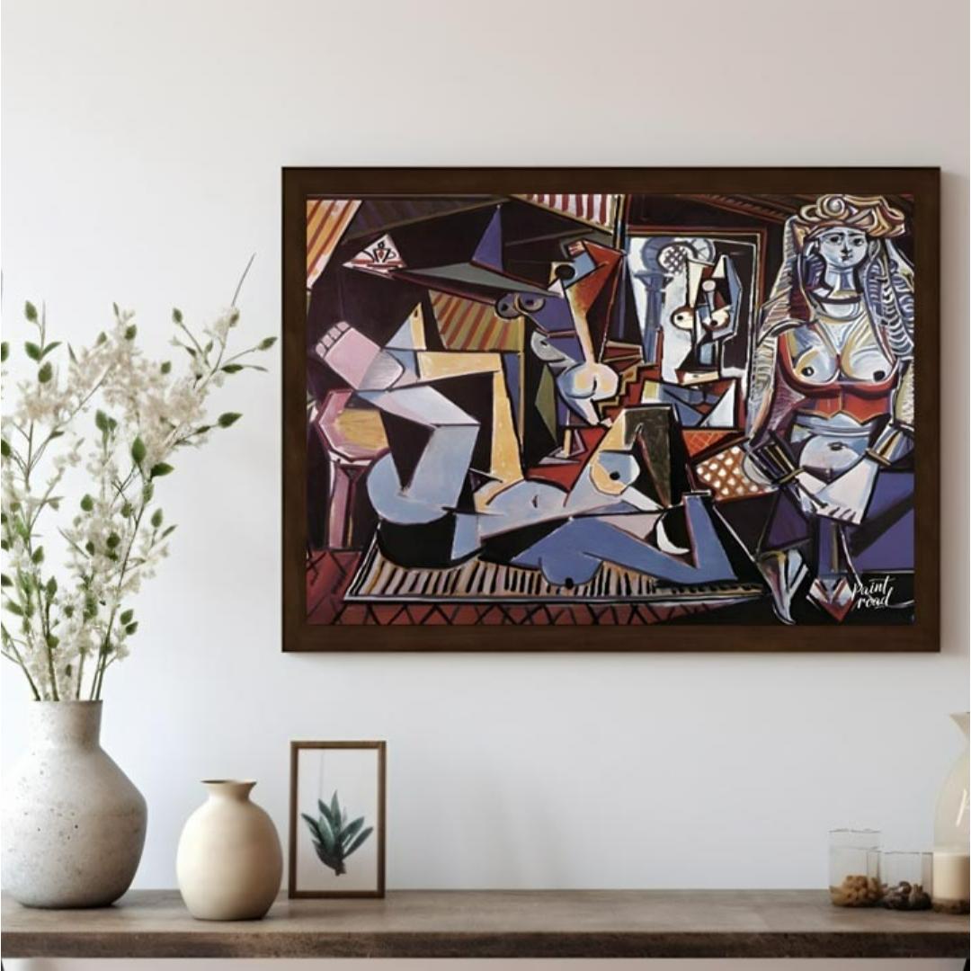 This vivid painting is identified as Pablo Picasso’s “Women of Algiers (Version O).” It features a … for living room
