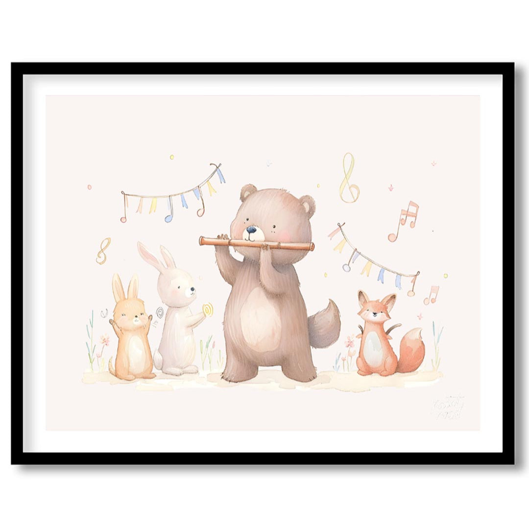 This endearing watercolor illustration depicts a charming woodland animal orchestra in a playful se… for lovely house