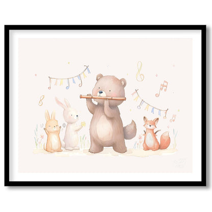 This endearing watercolor illustration depicts a charming woodland animal orchestra in a playful se… for lovely house