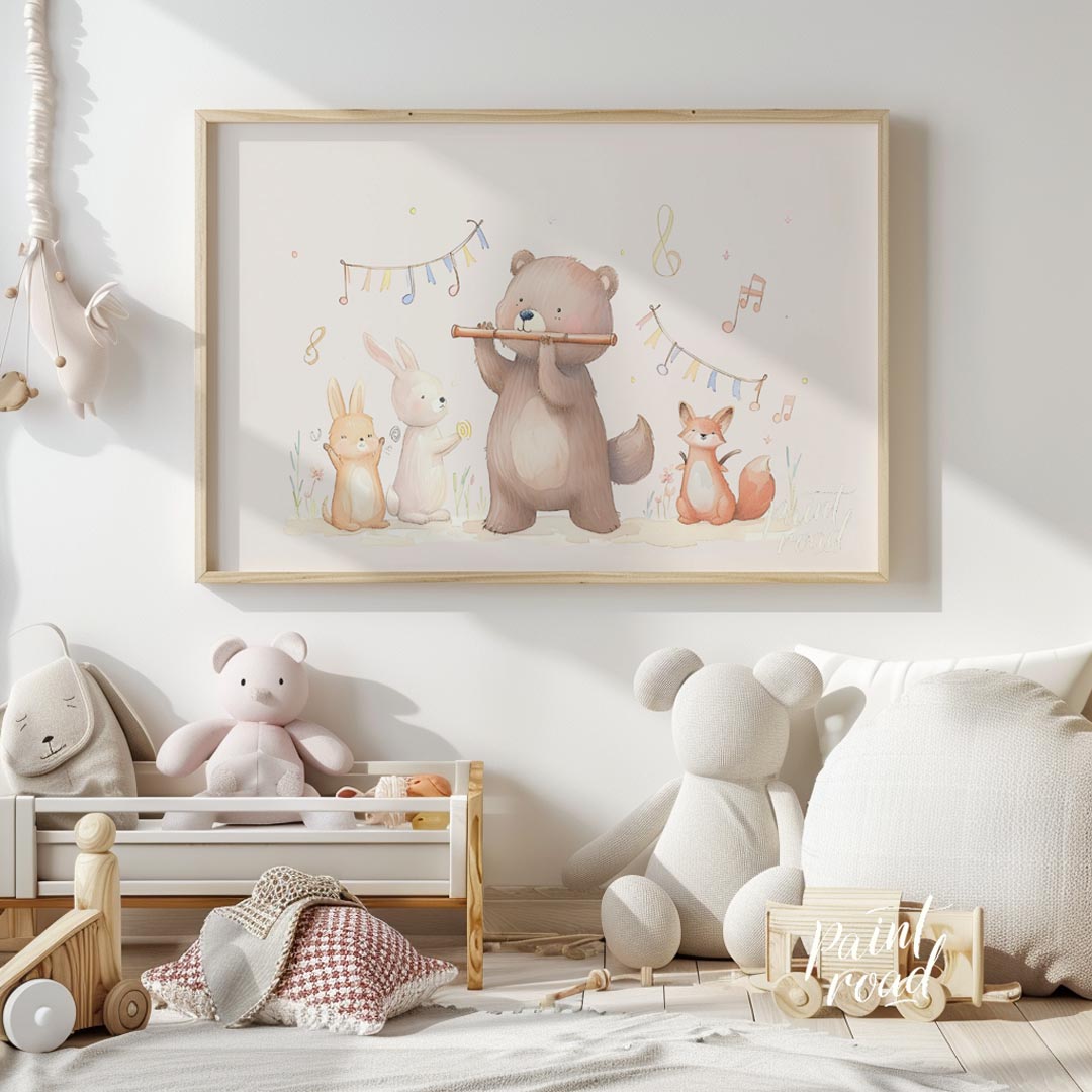 This endearing watercolor illustration depicts a charming woodland animal orchestra in a playful se… for nursery