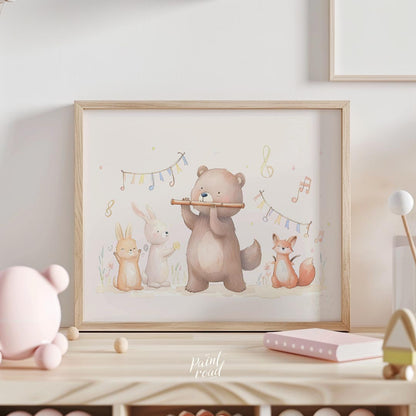 This endearing watercolor illustration depicts a charming woodland animal orchestra in a playful se… for nursery