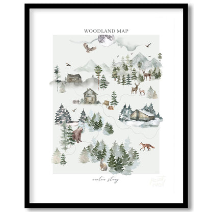 This intricate and delightful poster presents a "WOODLAND MAP" that tells a "winter story" through … for abode