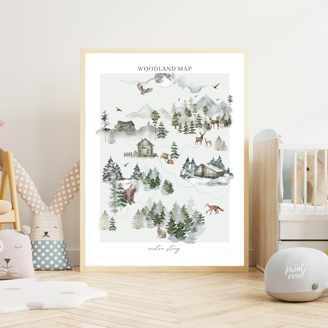 This intricate and delightful poster presents a "WOODLAND MAP" that tells a "winter story" through … for nursery