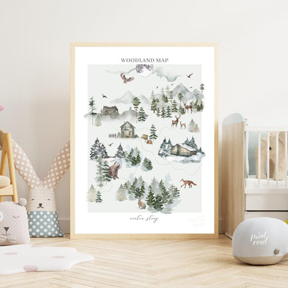 This intricate and delightful poster presents a "WOODLAND MAP" that tells a "winter story" through … for nursery