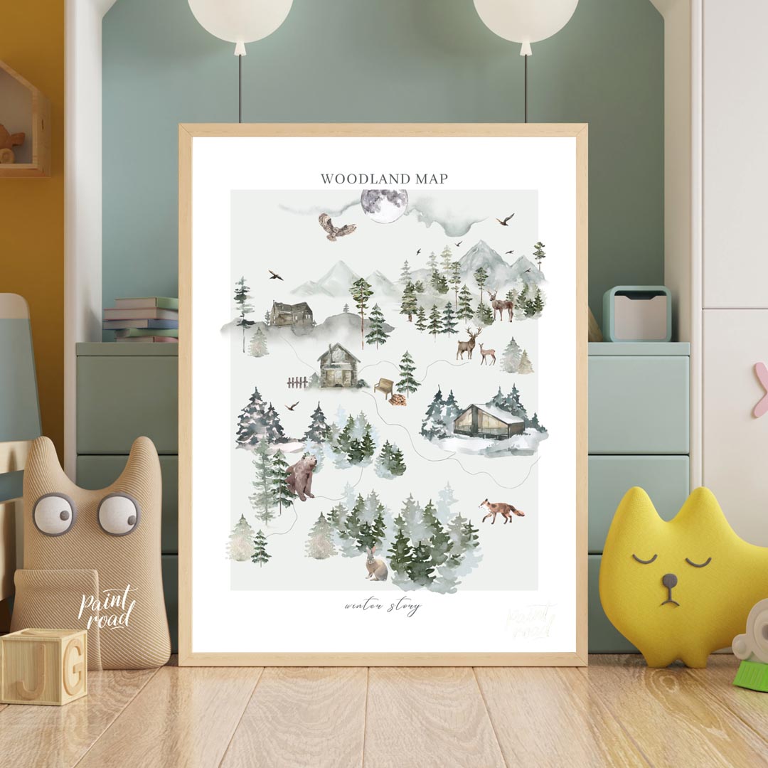 This intricate and delightful poster presents a "WOODLAND MAP" that tells a "winter story" through … for nursery