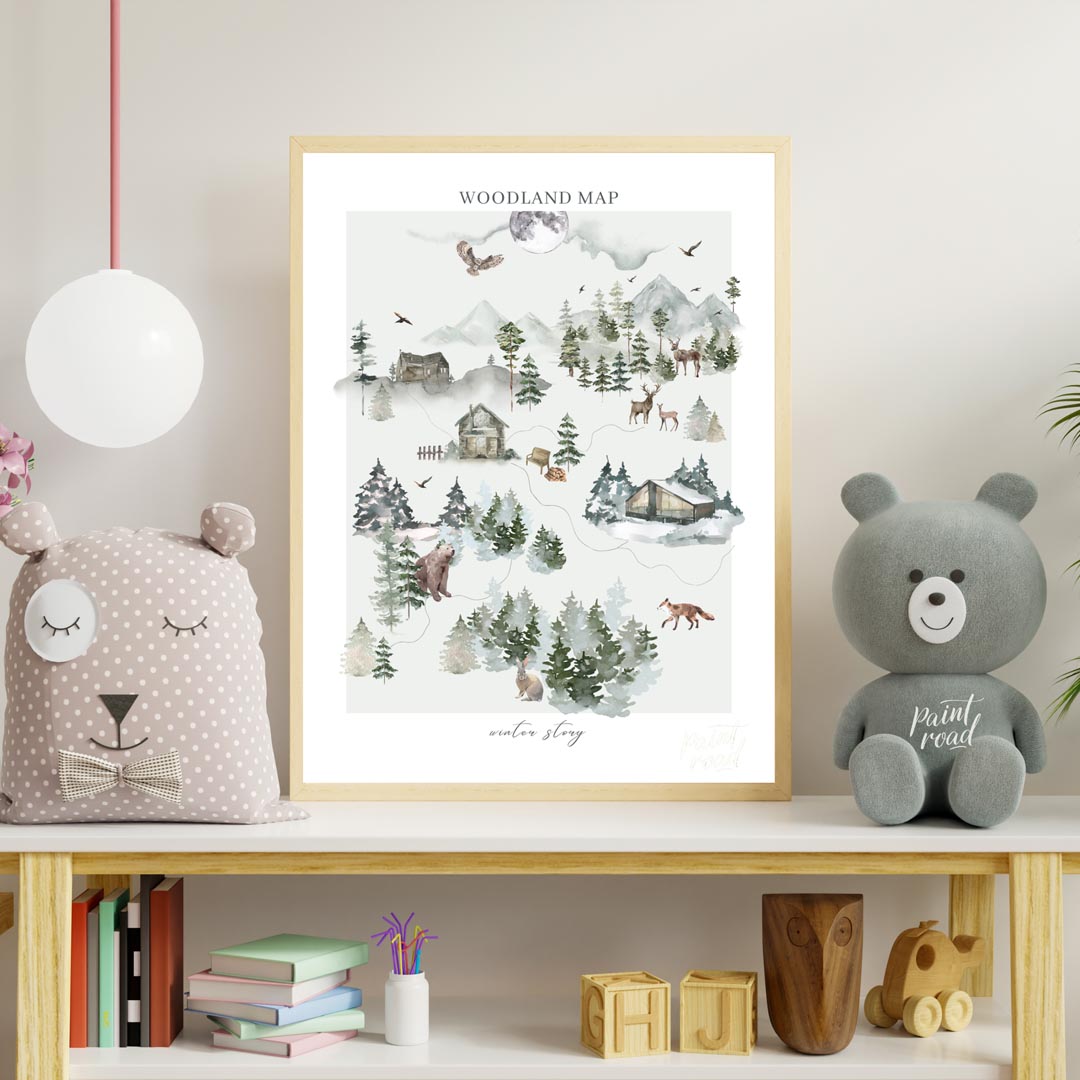 This intricate and delightful poster presents a "WOODLAND MAP" that tells a "winter story" through … for nursery