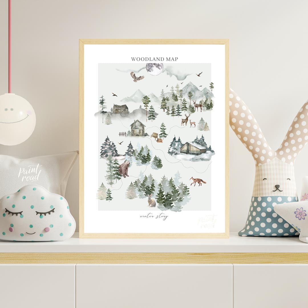 This intricate and delightful poster presents a "WOODLAND MAP" that tells a "winter story" through … for nursery